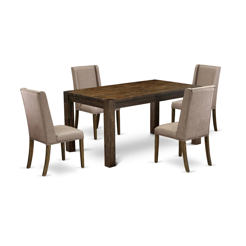 East West Furniture CNFL5-77-16 5 Piece Dining Table Set for 4 Includes a Rectangle Rustic Wood Dinner Table and 4 Dark Khaki Linen Fabric Upholstered Chairs, 36x60 Inch, Jacobean