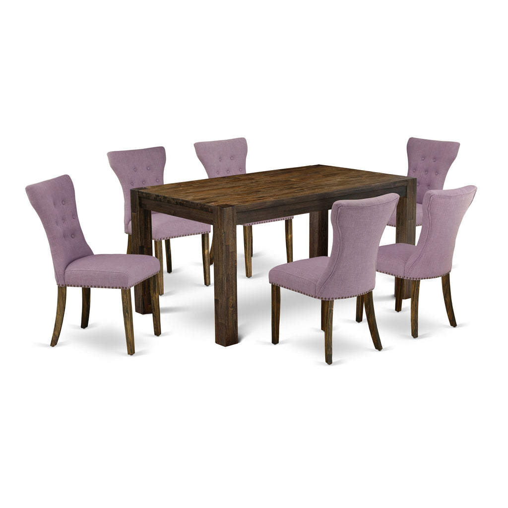 East West Furniture CNGA7-77-40 7 Piece Dining Room Table Set Consist of a Rectangle Rustic Wood Kitchen Table and 6 Dahlia Linen Fabric Parsons Dining Chairs, 36x60 Inch, Jacobean