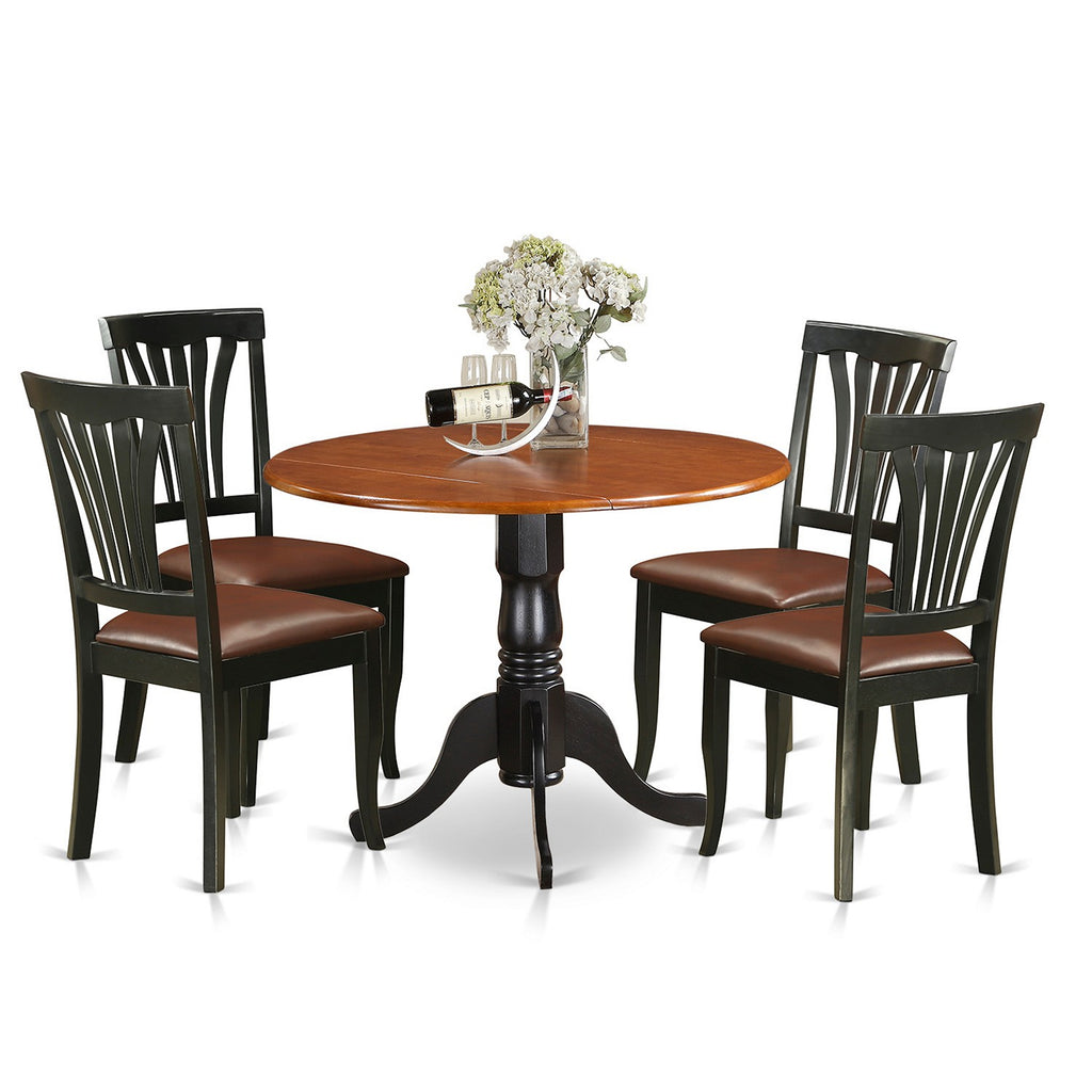 East West Furniture DLAV5-BCH-LC 5 Piece Dinette Set for 4 Includes a Round Dining Room Table with Dropleaf and 4 Faux Leather Kitchen Dining Chairs, 42x42 Inch, Black & Cherry