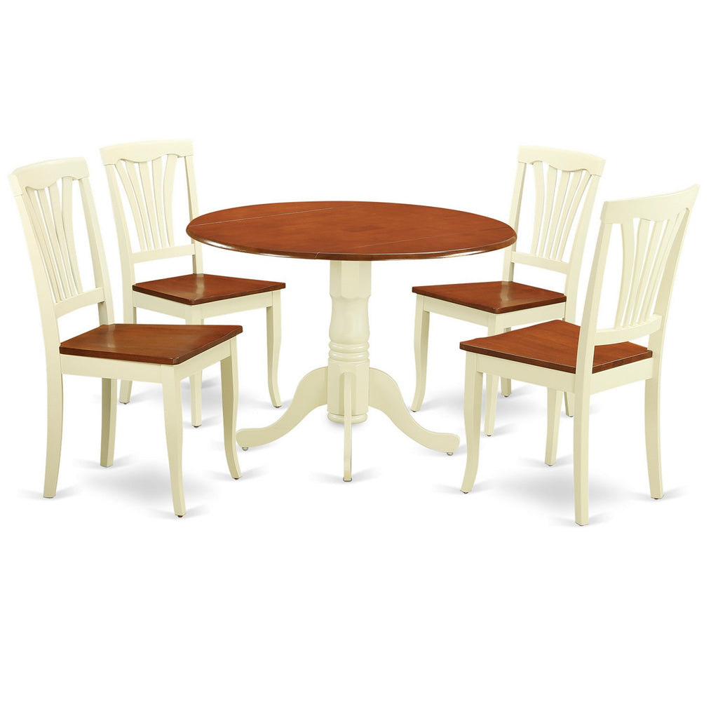 East West Furniture DLAV5-BMK-W 5 Piece Kitchen Table Set for 4 Includes a Round Dining Room Table with Dropleaf and 4 Solid Wood Seat Chairs, 42x42 Inch, Buttermilk & Cherry