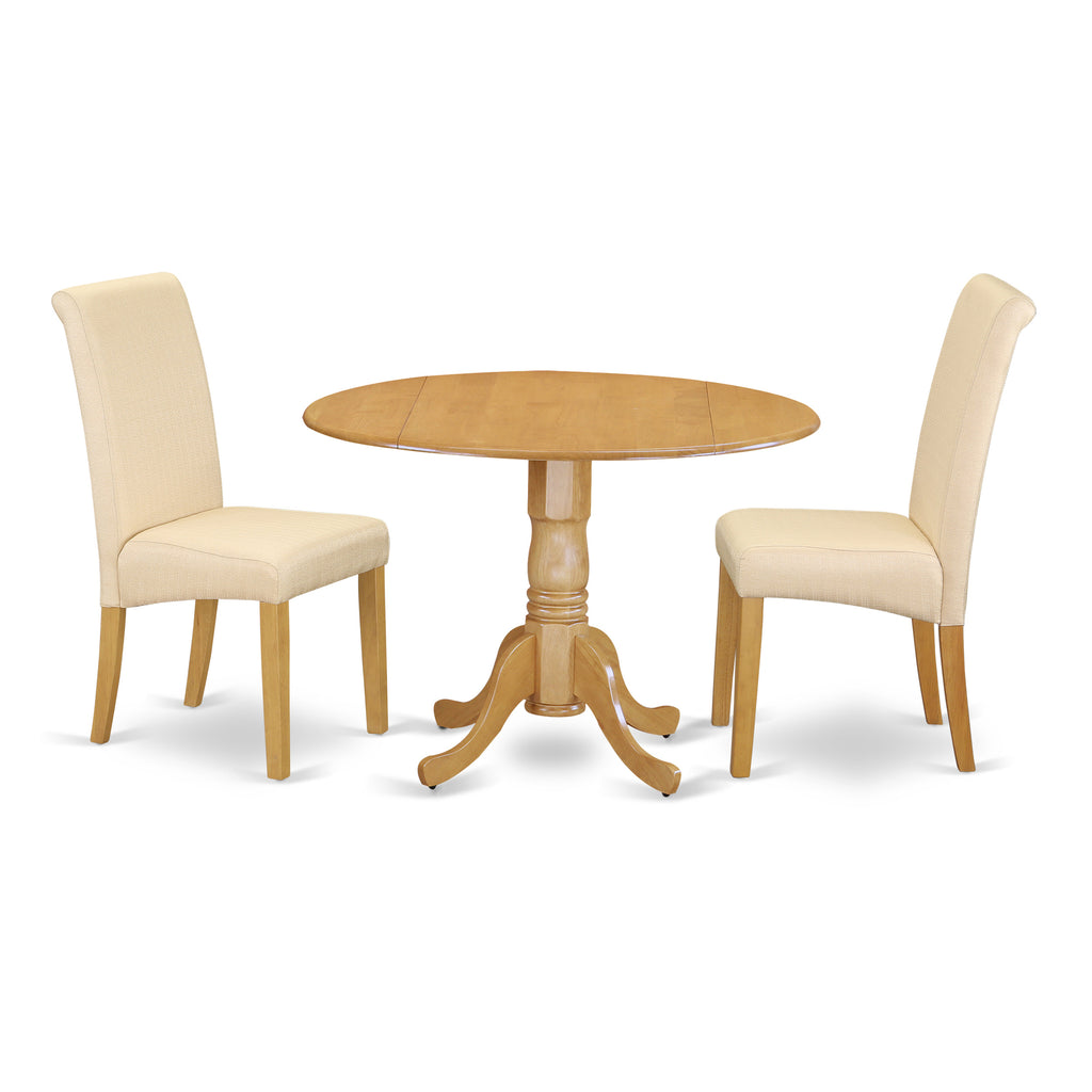 East West Furniture DLBA3-OAK-02 3 Piece Dining Room Table Set  Contains a Round Dining Table with Dropleaf and 2 Light Beige Linen Fabric Upholstered Chairs, 42x42 Inch, Oak