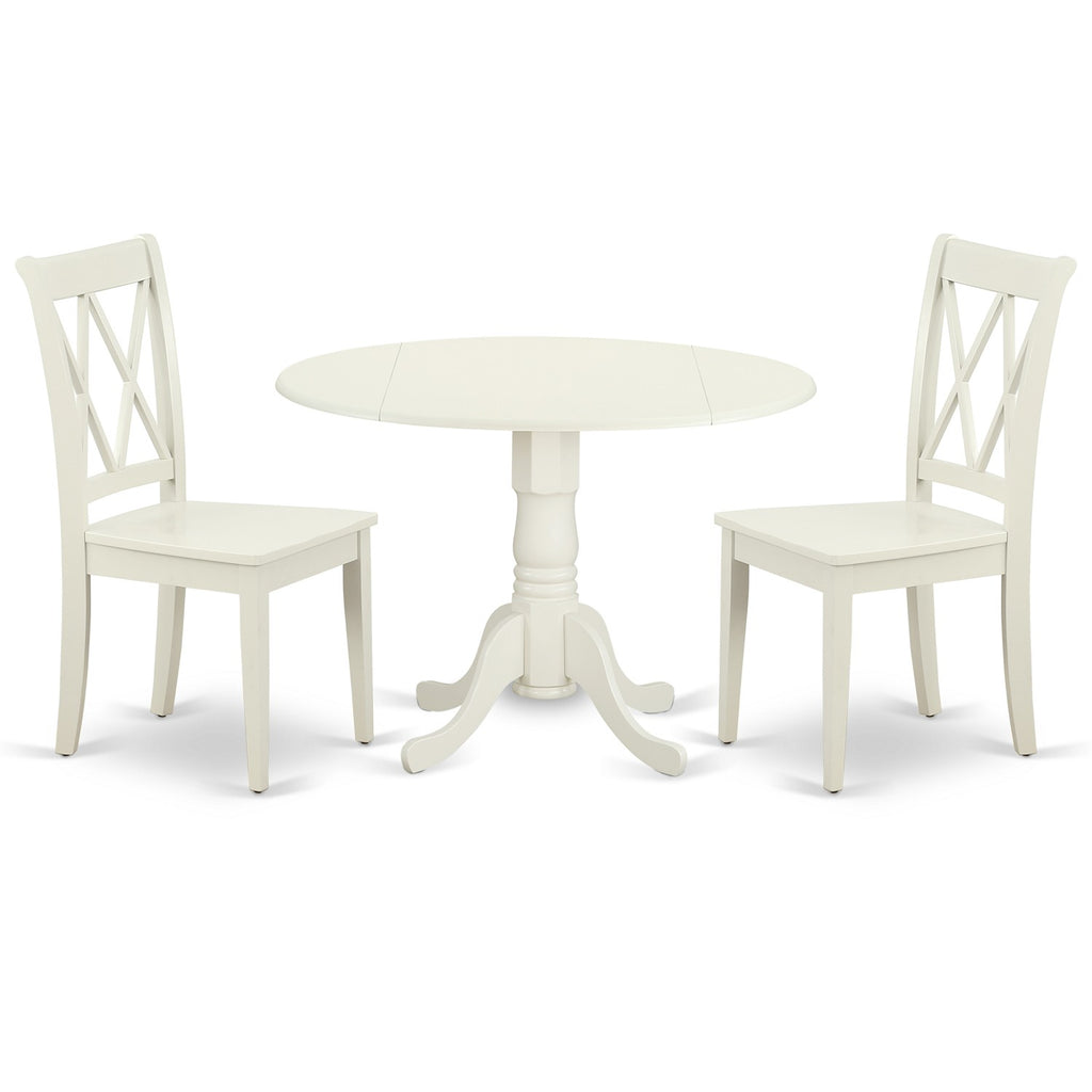 East West Furniture DLCL3-LWH-W 3 Piece Dining Room Table Set  Contains a Round Dining Table with Dropleaf and 2 Wood Seat Chairs, 42x42 Inch, Linen White