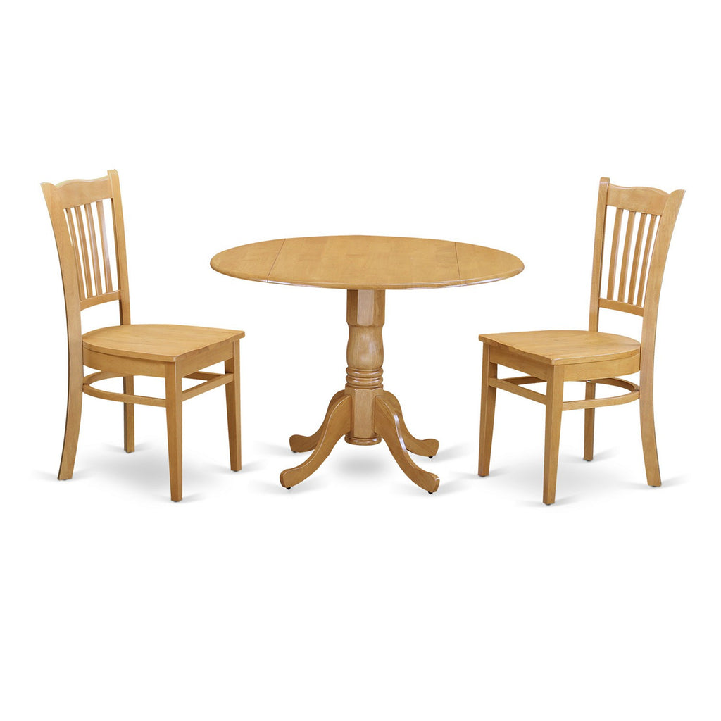 East West Furniture DLGR3-OAK-W 3 Piece Dining Room Table Set  Contains a Round Kitchen Table with Dropleaf and 2 Dining Chairs, 42x42 Inch, Oak