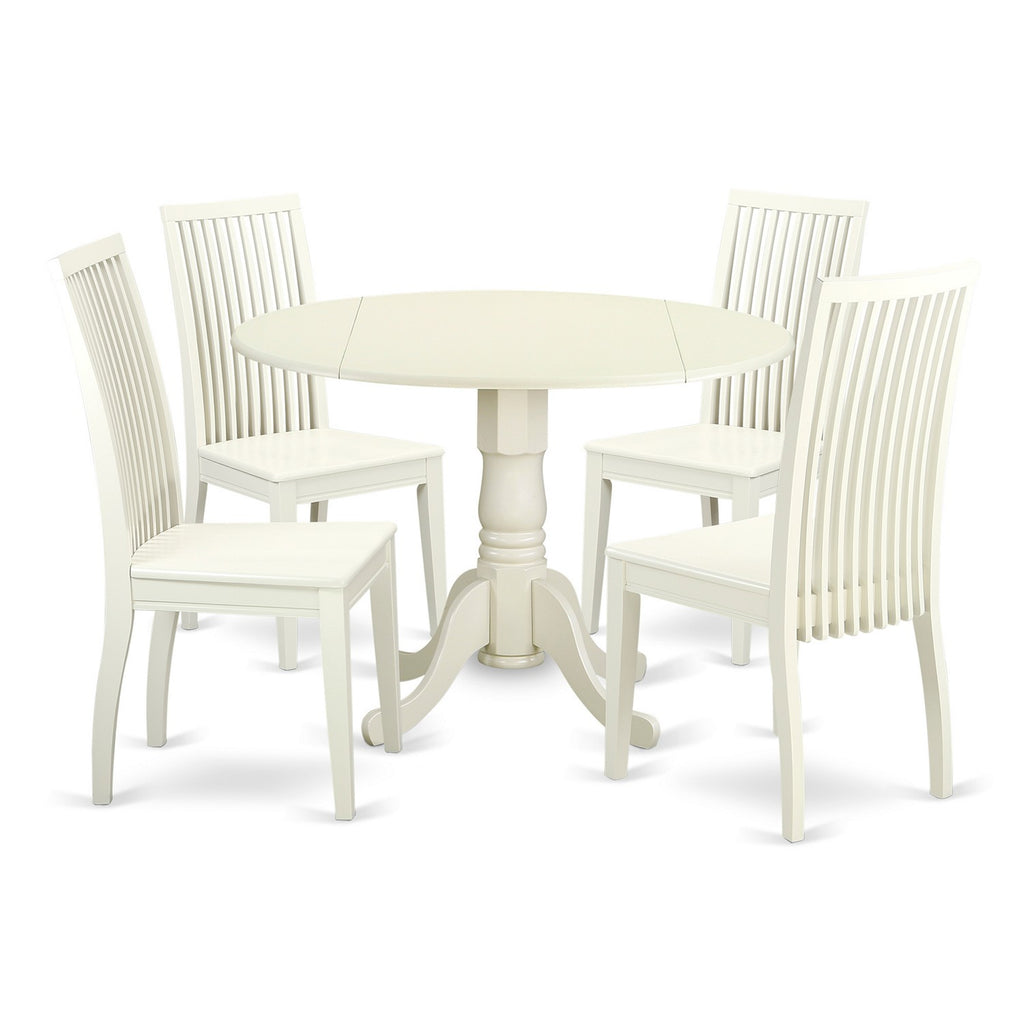 East West Furniture DLIP5-LWH-W 5 Piece Kitchen Table & Chairs Set Includes a Round Dining Table with Dropleaf and 4 Dining Room Chairs, 42x42 Inch, Linen White