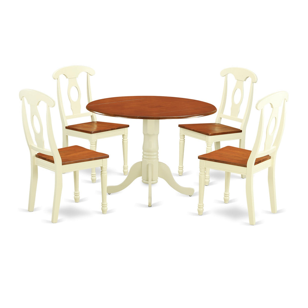 East West Furniture DLKE5-BMK-W 5 Piece Dining Room Furniture Set Includes a Round Kitchen Table with Dropleaf and 4 Dining Chairs, 42x42 Inch, Buttermilk & Cherry