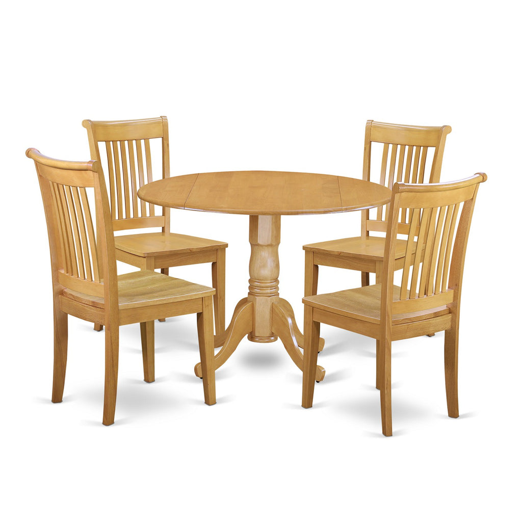 East West Furniture DLPO5-OAK-W 5 Piece Modern Dining Table Set Includes a Round Wooden Table with Dropleaf and 4 Dining Chairs, 42x42 Inch, Oak