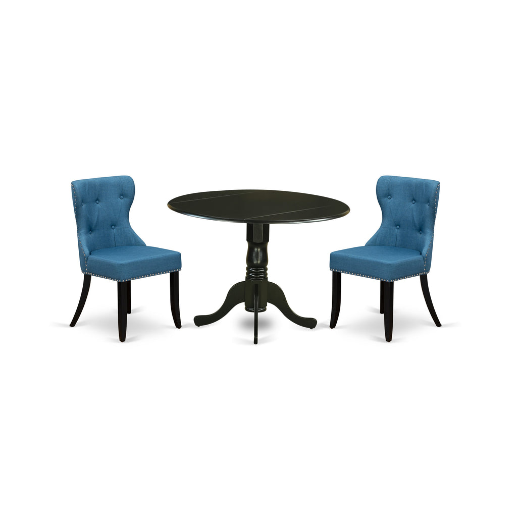 East West Furniture DLSI3-BLK-21 3 Piece Dining Table Set for Small Spaces Contains a Round Dining Room Table with Dropleaf and 2 Blue Linen Fabric Parsons Chairs, 42x42 Inch, Black