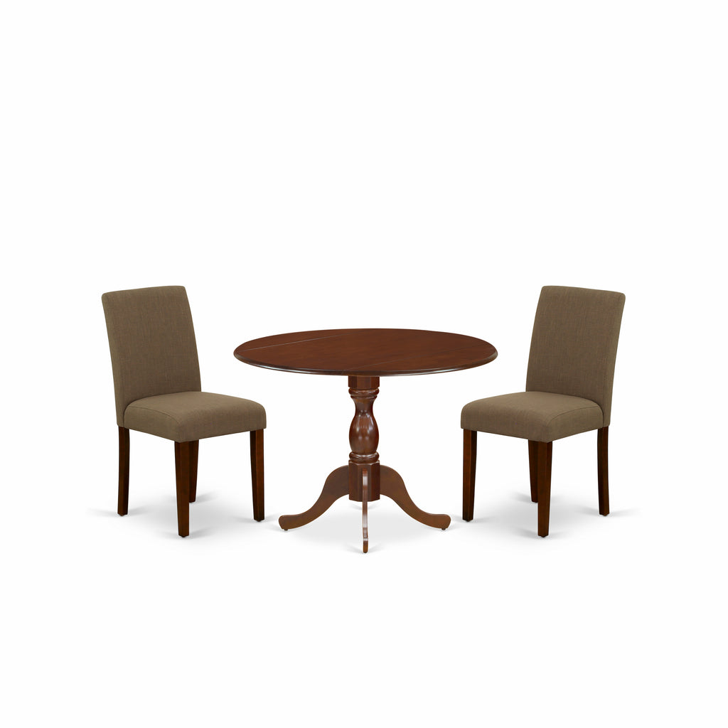 East West Furniture DMAB3-MAH-18 3 Piece Dining Room Table Set  Contains a Round Dining Table with Dropleaf and 2 Coffee Linen Fabric Upholstered Parson Chairs, 42x42 Inch, Mahogany