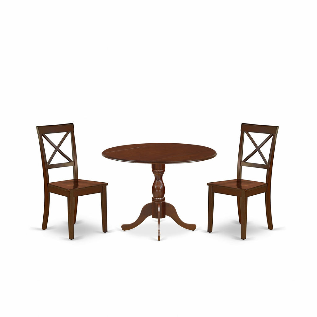 East West Furniture DMBO3-MAH-W 3 Piece Modern Dining Table Set Contains a Round Wooden Table with Dropleaf and 2 Dining Room Chairs, 42x42 Inch, Mahogany