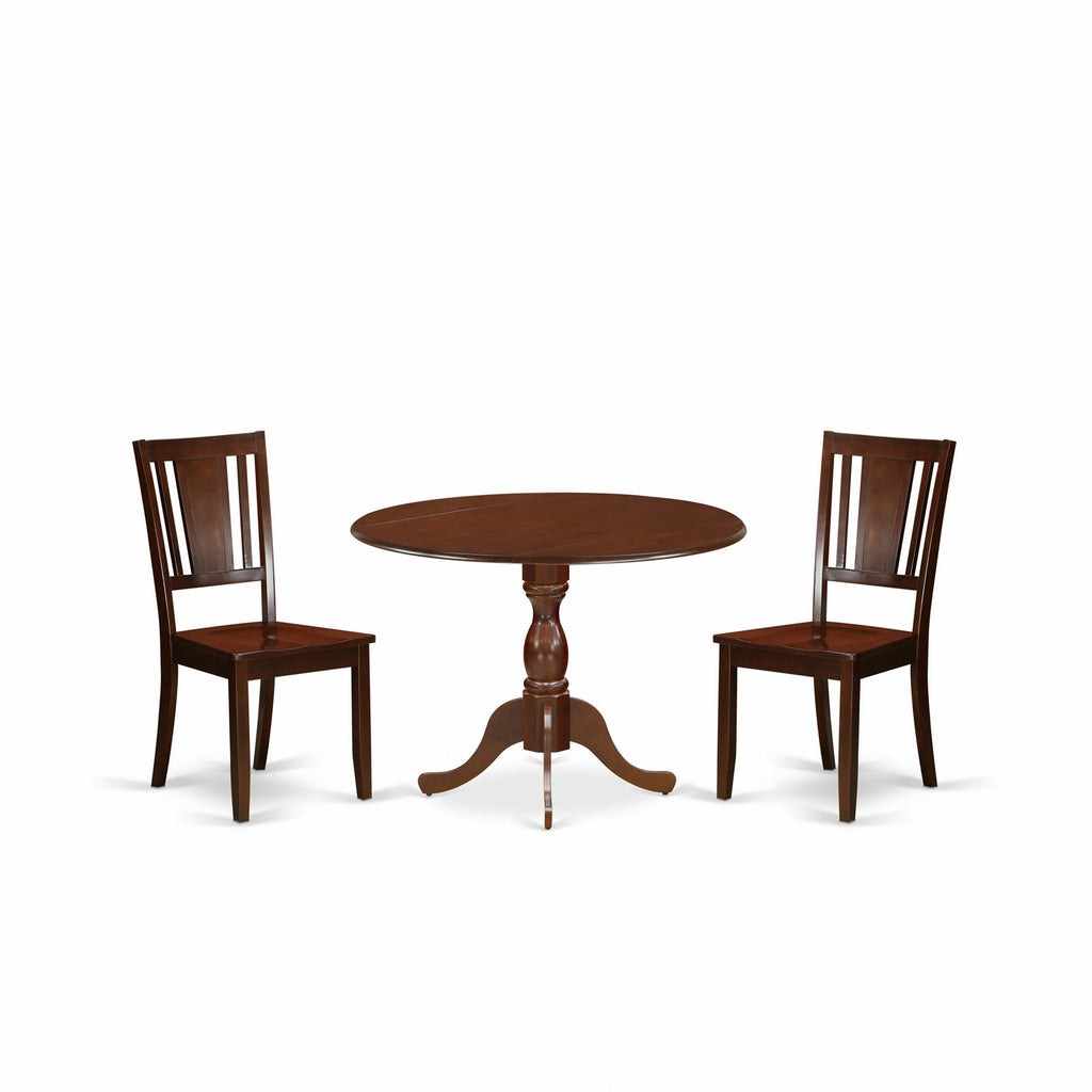 East West Furniture DMDU3-MAH-W 3 Piece Dining Room Table Set  Contains a Round Dining Table with Dropleaf and 2 Wood Seat Chairs, 42x42 Inch, Mahogany