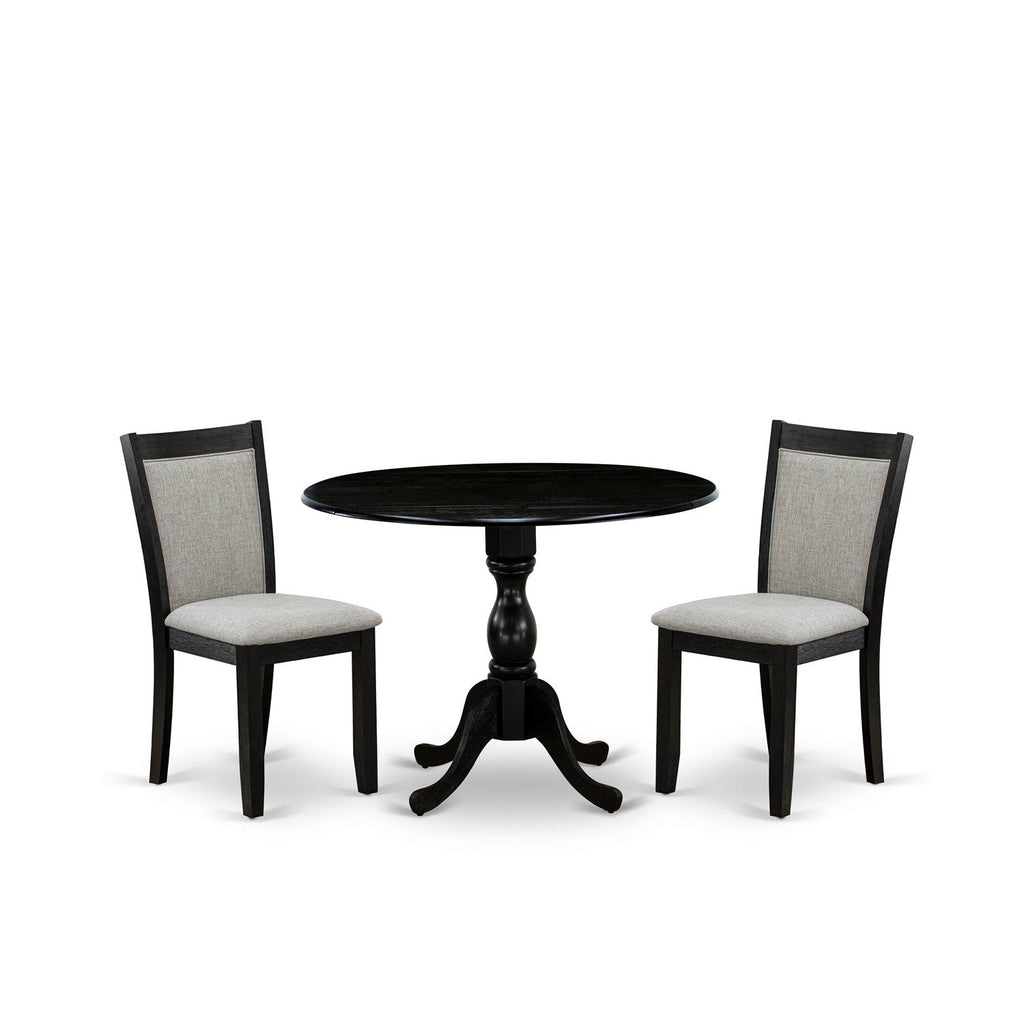 East West Furniture DMMZ3-AB6-06 3 Piece Modern Dining Table Set Contains a Round Wooden Table with Dropleaf and 2 Shitake Linen Fabric Parsons Dining Chairs, 42x42 Inch, Wirebrushed Black