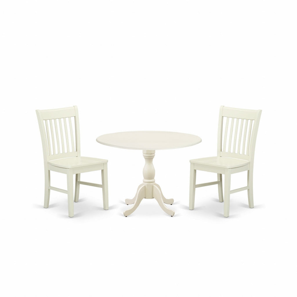 East West Furniture DMNF3-LWH-W 3 Piece Dining Set Contains a Round Dining Room Table with Dropleaf and 2 Kitchen Chairs, 42x42 Inch, Linen White