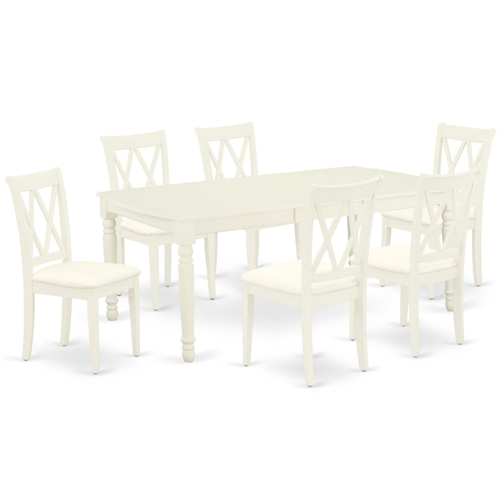 East West Furniture DOCL7-LWH-C 7 Piece Kitchen Table & Chairs Set Consist of a Rectangle Dining Table with Butterfly Leaf and 6 Linen Fabric Dining Room Chairs, 42x78 Inch, Linen White