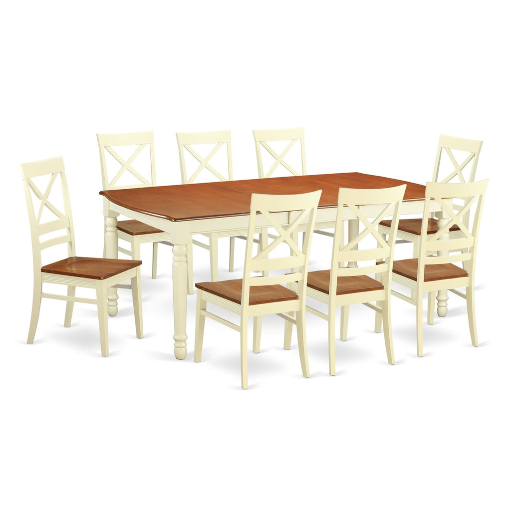 East West Furniture DOQU9-WHI-W 9 Piece Dining Set Includes a Rectangle Dining Room Table with Butterfly Leaf and 8 Kitchen Chairs, 42x78 Inch, Buttermilk & Cherry