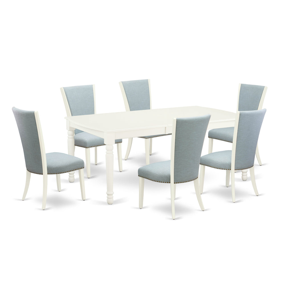 East West Furniture DOVE7-LWH-15 7 Piece Dinette Set Consist of a Rectangle Dining Room Table with Butterfly Leaf and 6 Baby Blue Linen Fabric Parson Dining Chairs, 42x78 Inch, Linen White