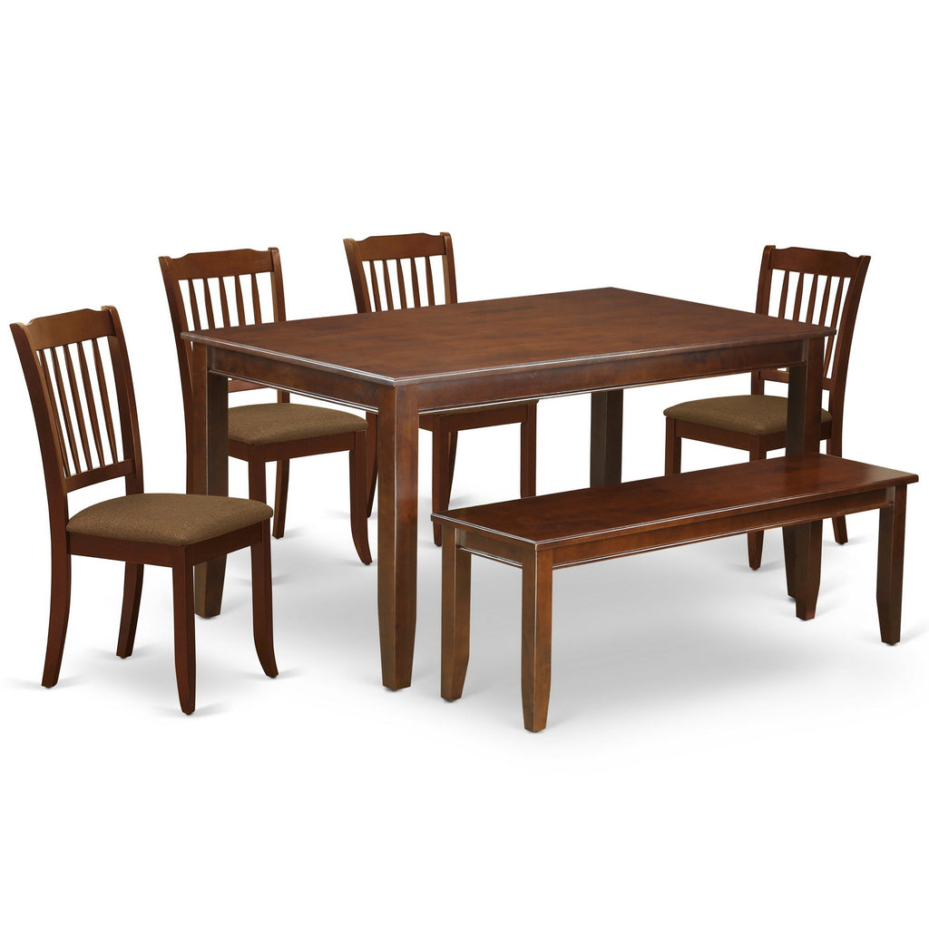 East West Furniture DUDA6-MAH-C 6 Piece Modern Dining Table Set Contains a Rectangle Wooden Table and 4 Linen Fabric Upholstered Chairs with a Bench, 36x60 Inch, Mahogany