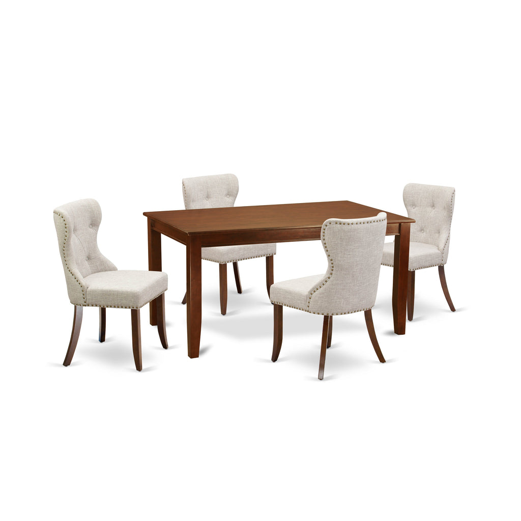 East West Furniture DUSI5-MAH-35 5 Piece Dining Set Includes a Rectangle Dining Room Table and 4 Doeskin Linen Fabric Upholstered Parson Chairs, 36x60 Inch, Mahogany