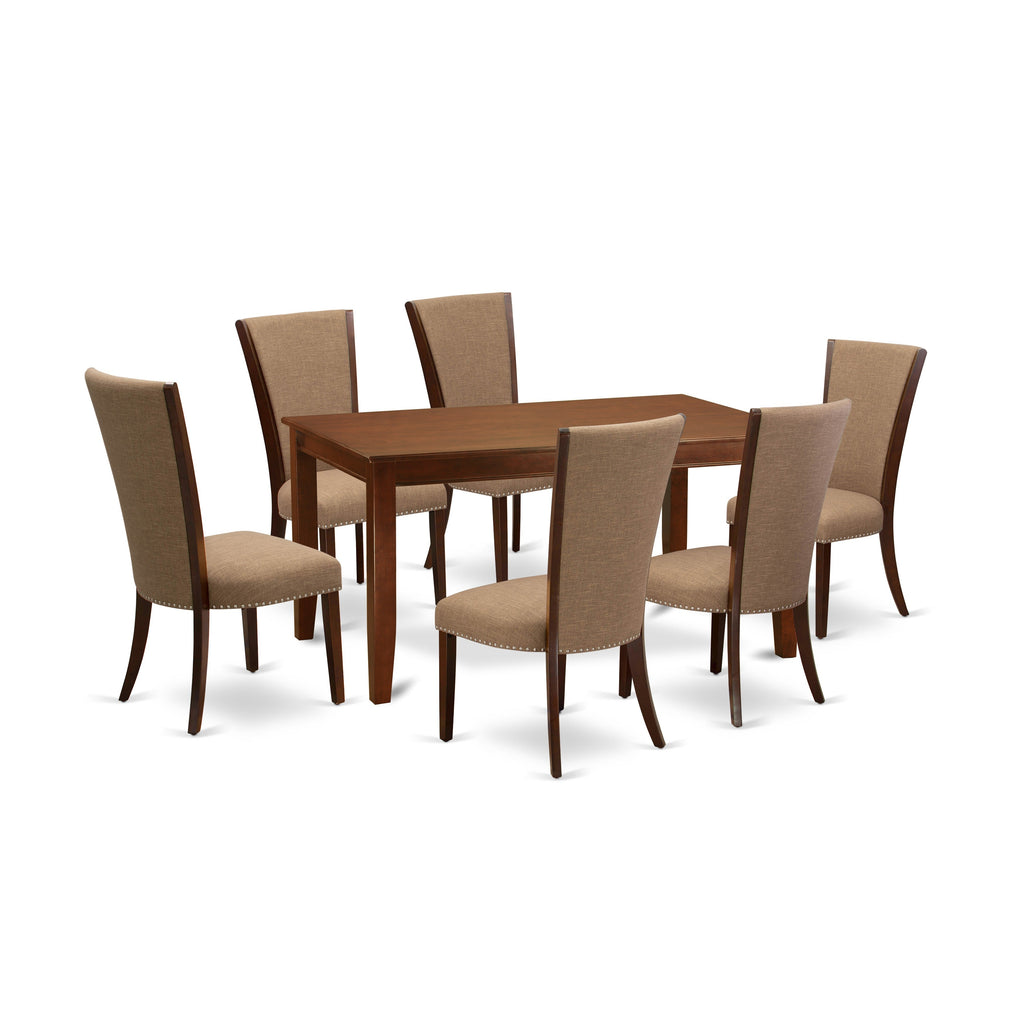 East West Furniture DUVE7-MAH-47 7 Piece Dinette Set Consist of a Rectangle Dining Room Table and 6 Light Sable Linen Fabric Upholstered Parson Chairs, 36x60 Inch, Mahogany