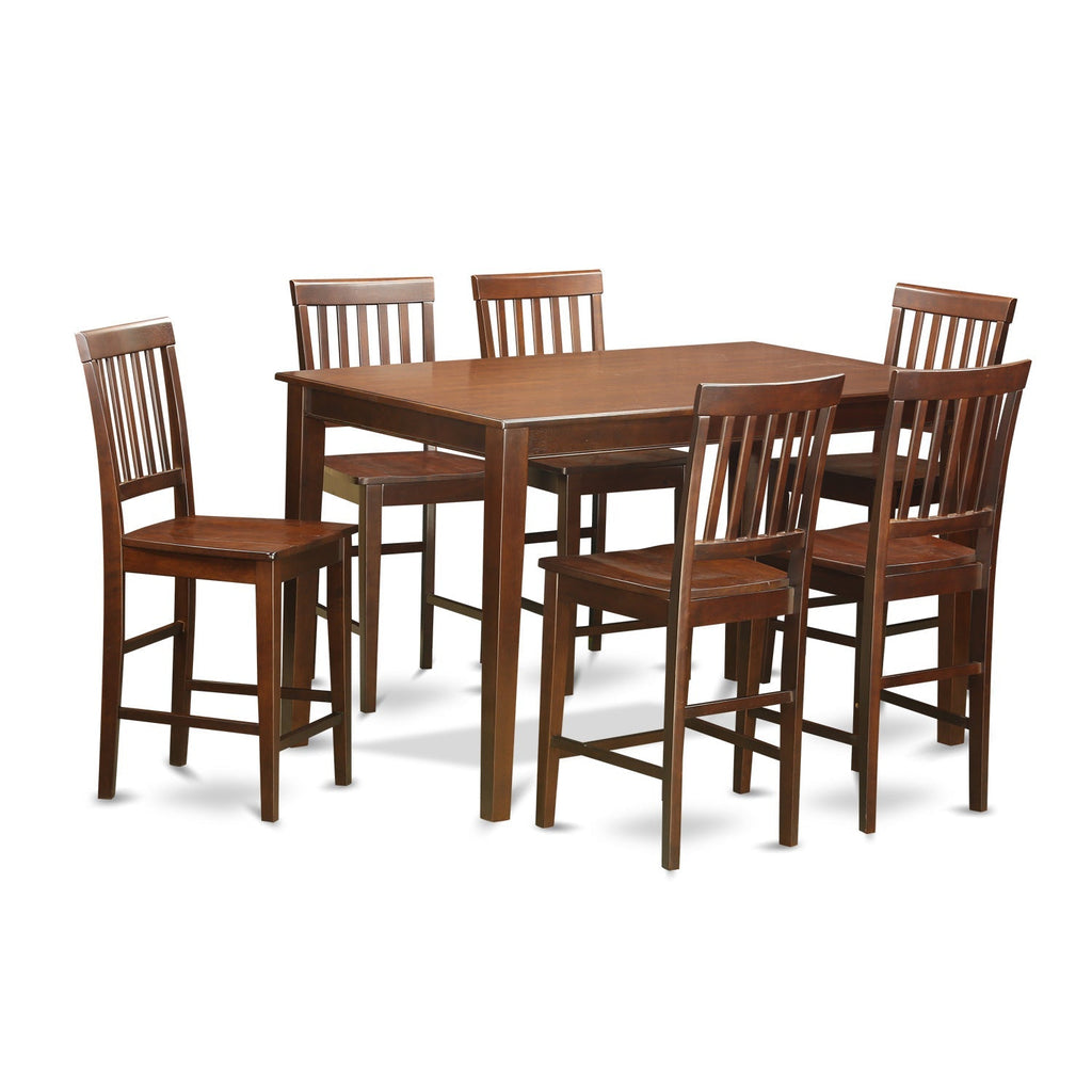 East West Furniture DUVN7H-MAH-W 7 Piece Kitchen Counter Height Dining Table Set  Consist of a Rectangle Dining Room Table and 6 Wooden Seat Chairs, 36x60 Inch, Mahogany