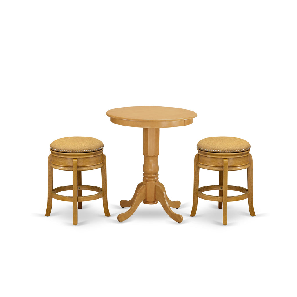 East West Furniture EDAM3-OAK-16 3 Piece Kitchen Counter Height Dining Table Set  Contains a Round Wooden Table with Pedestal and 2 Backless Stools, 30x30 Inch, Oak