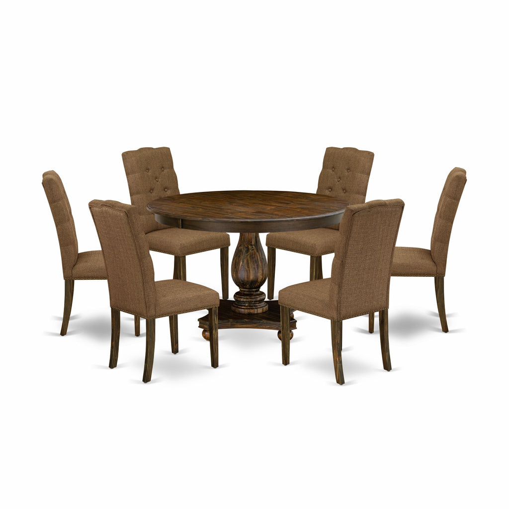 East West Furniture F2EL7-718 7 Piece Dining Table Set Consist of a Round Kitchen Table with Pedestal and 6 Brown Linen Linen Fabric Parson Dining Room Chairs, 48x48 Inch, Distressed Jacobean