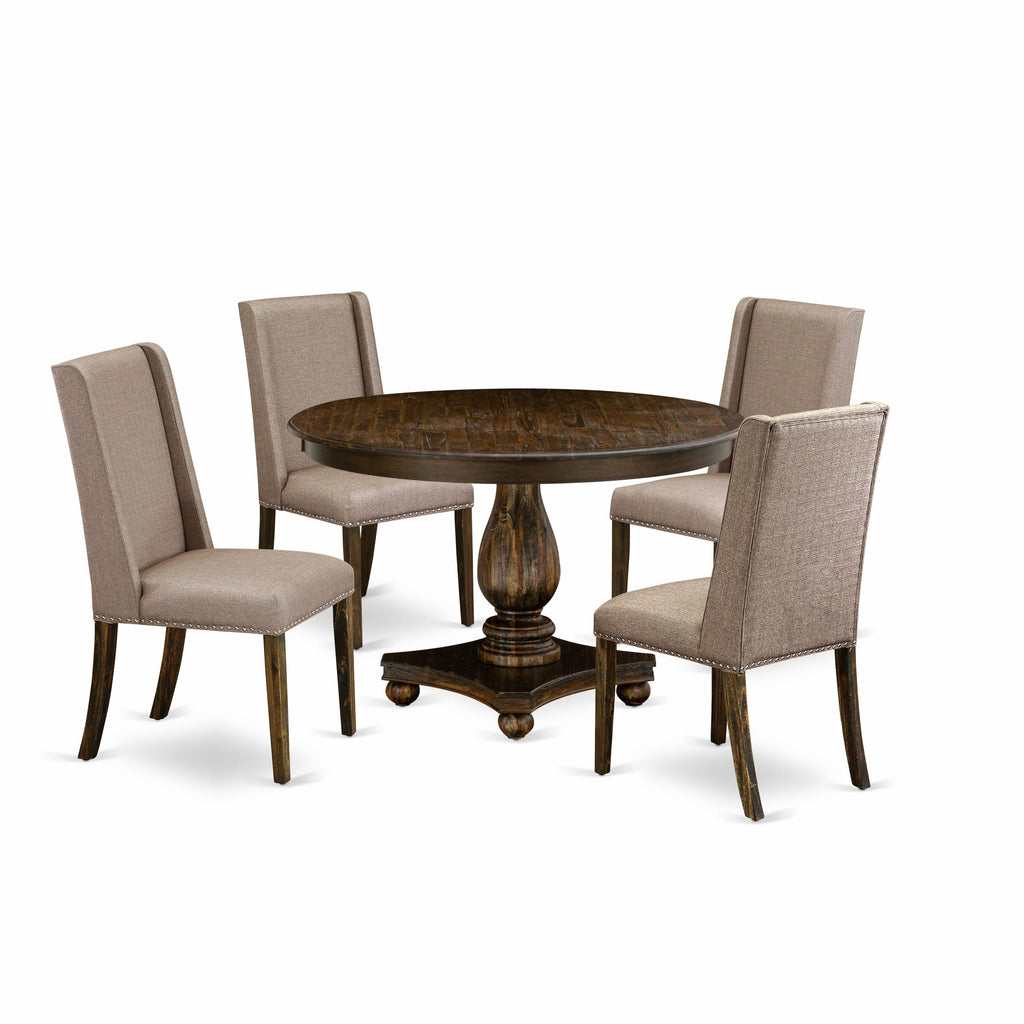 East West Furniture F2FL5-716 5 Piece Dining Room Table Set Includes a Round Kitchen Table with Pedestal and 4 Dark Khaki Linen Fabric Parson Dining Chairs, 48x48 Inch, Distressed Jacobean