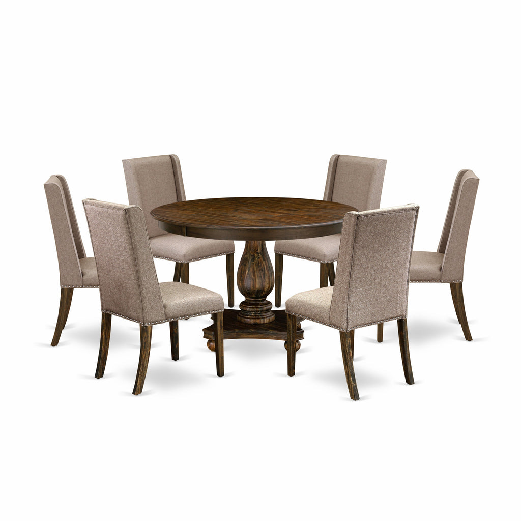 East West Furniture F2FL7-716 7 Piece Dining Table Set Consist of a Round Dining Room Table with Pedestal and 6 Dark Khaki Linen Fabric Parsons Chairs, 48x48 Inch, Distressed Jacobean