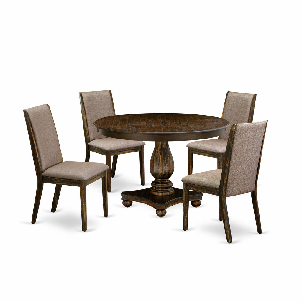 East West Furniture F2LA5-716 5 Piece Kitchen Table & Chairs Set Includes a Round Dining Table with Pedestal and 4 Dark Khaki Linen Fabric Parson Chairs, 48x48 Inch, Distressed Jacobean