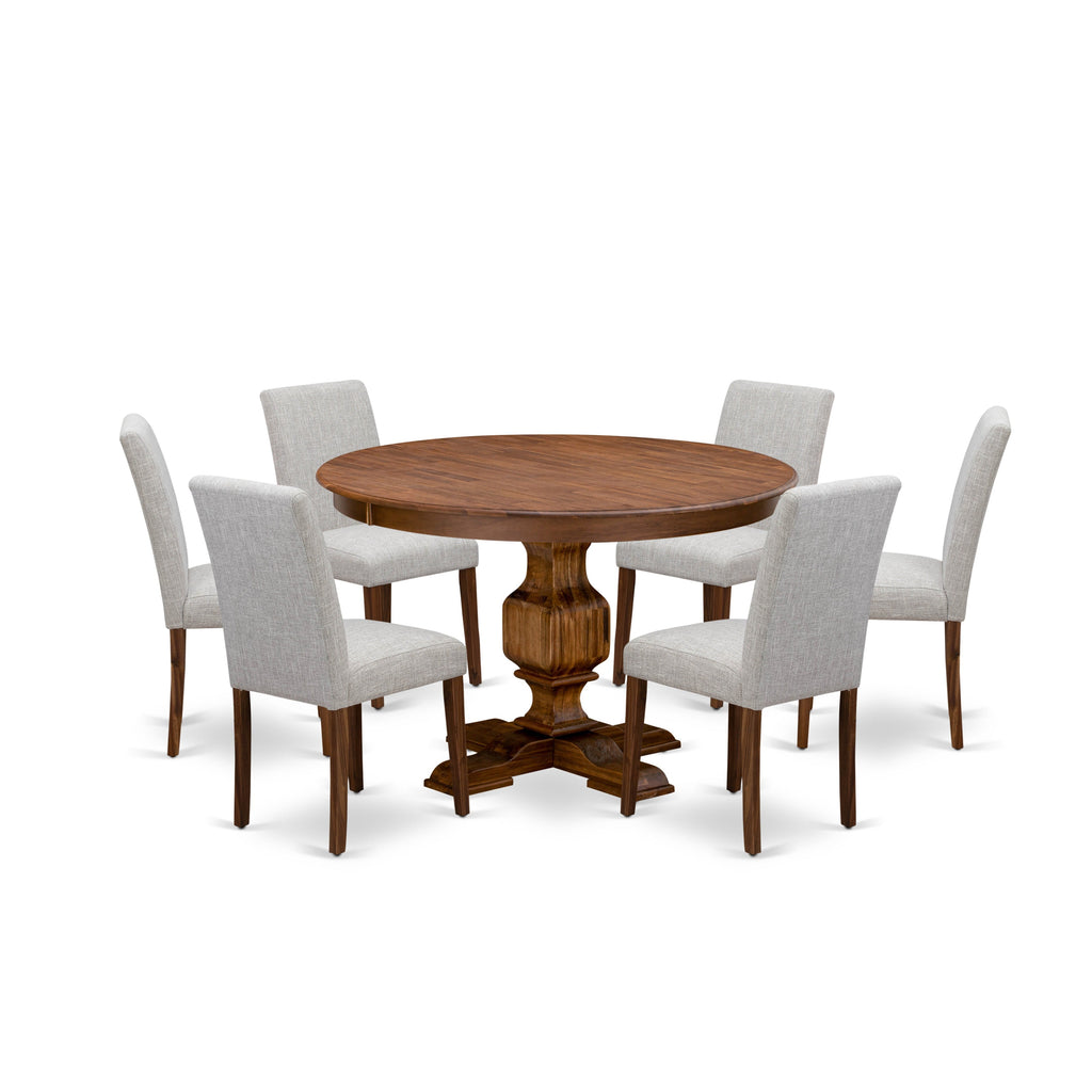 East West Furniture F3AB7-N35 7 Piece Dining Room Furniture Set Consist of a Round Dining Table with Pedestal and 6 Doeskin Linen Fabric Upholstered Chairs, 48x48 Inch, Antique Walnut