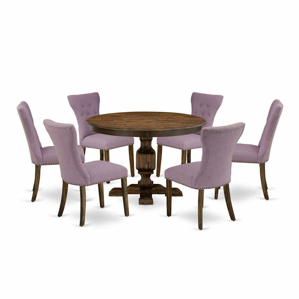 East West Furniture F3GA7-740 7 Piece Dining Table Set Consist of a Round Dining Room Table with Pedestal and 6 Dahlia Linen Fabric Upholstered Chairs, 48x48 Inch, Distressed Jacobean