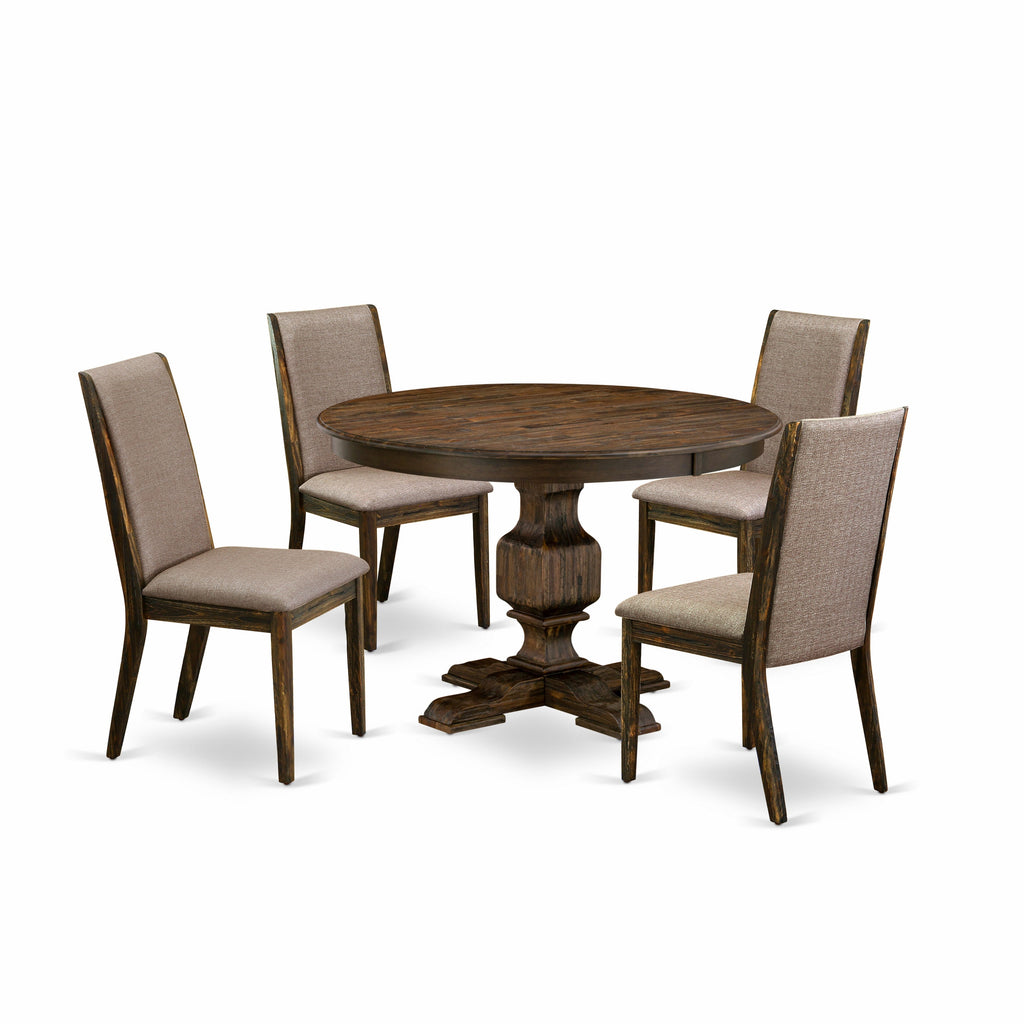 East West Furniture F3LA5-716 5 Piece Dining Room Table Set Includes a Round Kitchen Table with Pedestal and 4 Dark Khaki Linen Fabric Parson Dining Chairs, 48x48 Inch, Distressed Jacobean