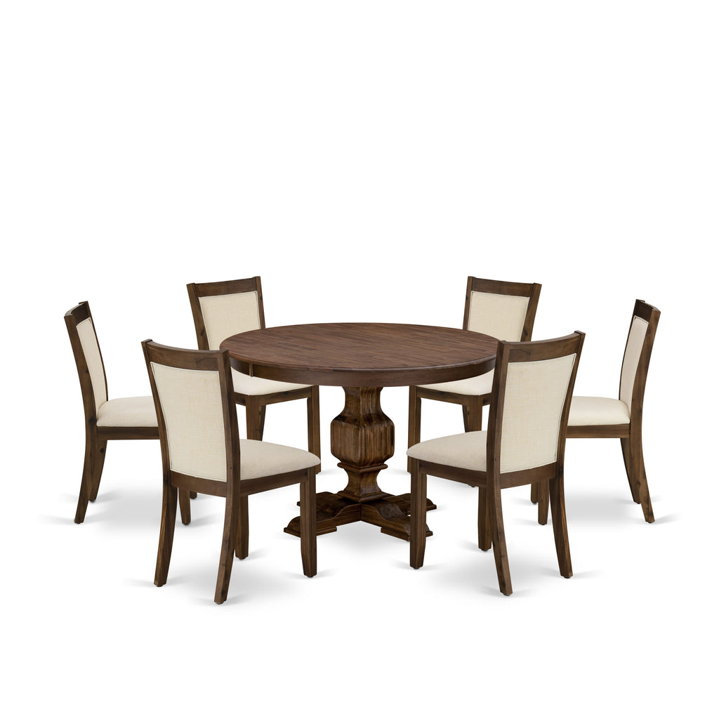 East West Furniture F3MZ7-NN-32 7 Piece Dining Table Set Consist of a Round Dining Room Table with Pedestal and 6 Light Beige Linen Fabric Parson Chairs, 48x48 Inch, Sandblasting Antique Walnut