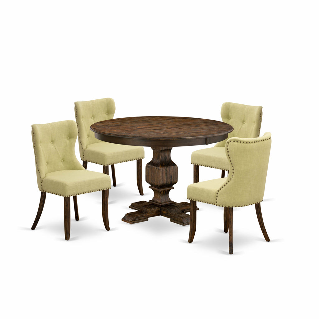 East West Furniture F3SI5-737 5 Piece Dining Set Includes a Round Dining Room Table with Pedestal and 4 Limelight Linen Fabric Upholstered Parson Chairs, 48x48 Inch, Distressed Jacobean