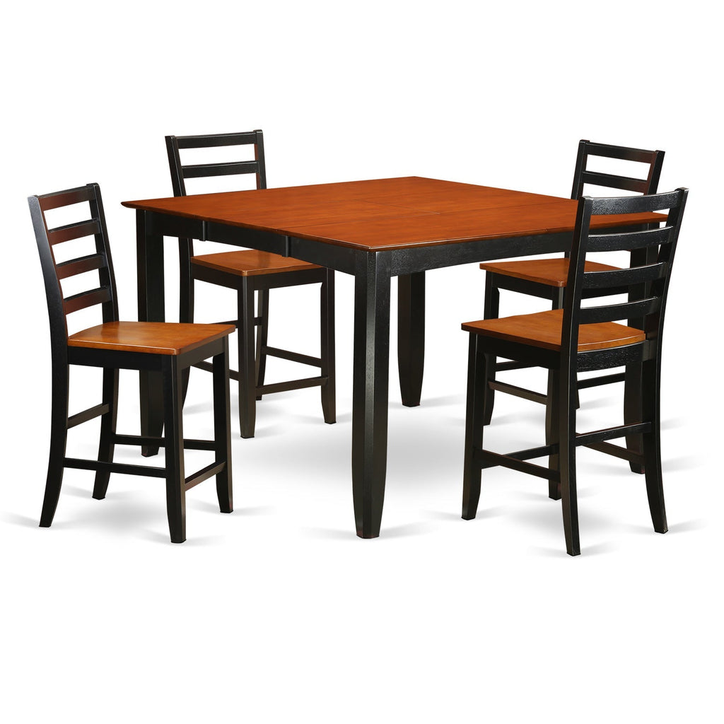 East West Furniture FAIR5-BLK-W 5 Piece Kitchen Counter Height Dining Table Set  Includes a Square Pub Table with Pedestal and 4 Dining Room Chairs, 54x54 Inch, Black & Cherry