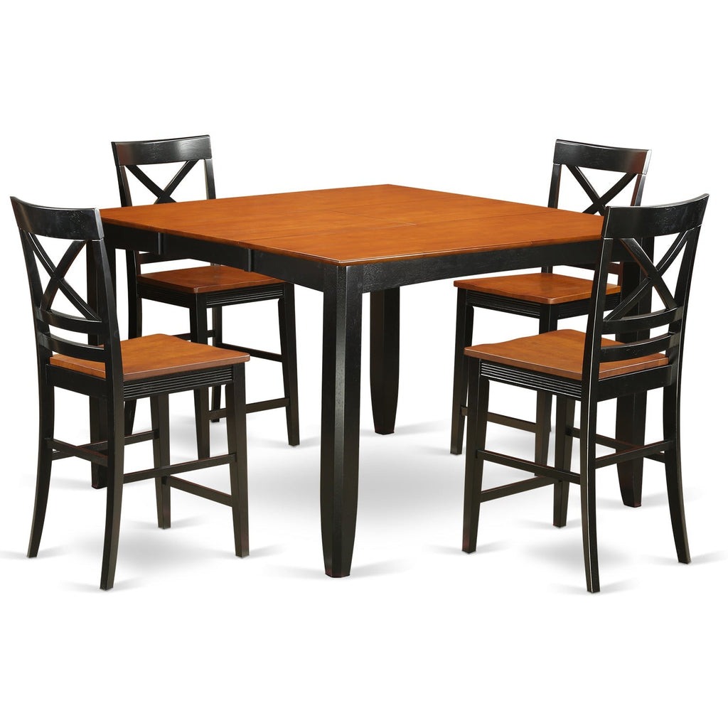 East West Furniture FAQU5H-BLK-W 5 Piece Counter Height Pub Set Includes a Square Dining Table with Pedestal and 4 Kitchen Dining Chairs, 54x54 Inch, Black & Cherry