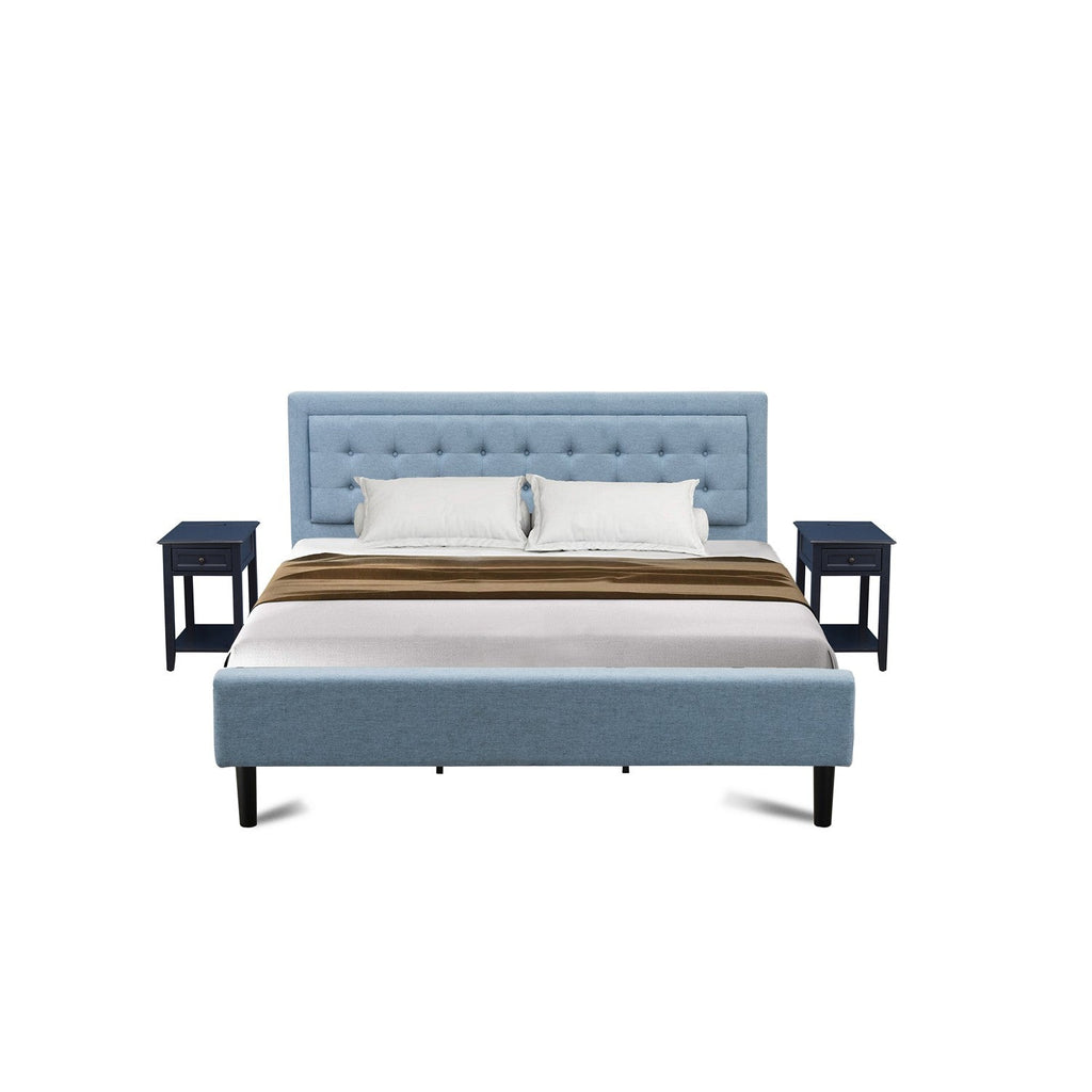 East West Furniture FN11K-2DE15 3-Piece Fannin King Bedroom Set with 1 King Frame and 2 Modern Nightstands - Reliable and Durable Manufacturing - Denim Blue Linen Fabric