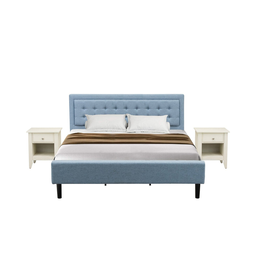 FN11K-2GA0C 3-Piece Platform King Bedroom Set with 1 Wood Bed Frame and 2 Modern Nightstands - Reliable and Durable Construction - Denim Blue Linen Fabric