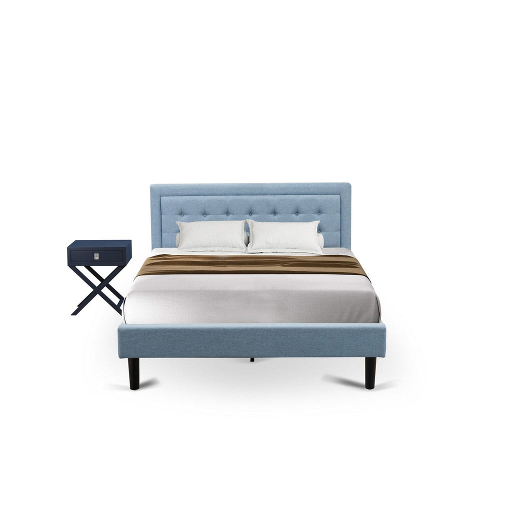 East West Furniture FN11Q-1HA15 2-Piece Platform Queen Bed Set Furniture with 1 Platform Bed and an End Table for bedroom - Denim Blue Linen Fabric