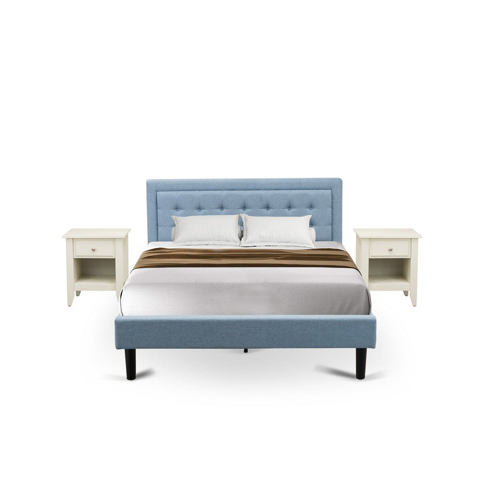 East West Furniture FN11Q-2GA0C 3-Piece Fannin Queen Bedroom Set with 1 Modern Bed and 2 Night Stands for Bedrooms - Denim Blue Linen Fabric