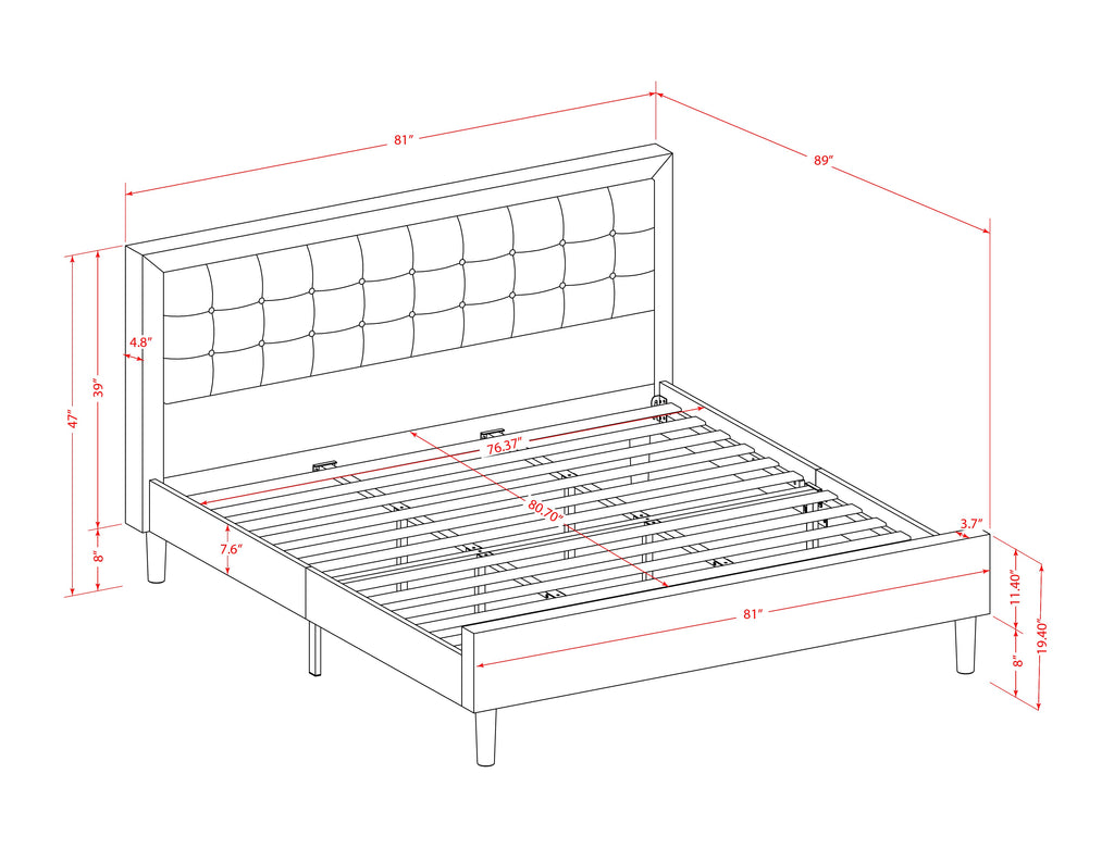 FN08K-2VL0C 3-Piece Platform Wooden Set for Bedroom with 1 King Size Bed and 2 Night Stands - Reliable and Durable Construction - Mist Beige Linen Fabric