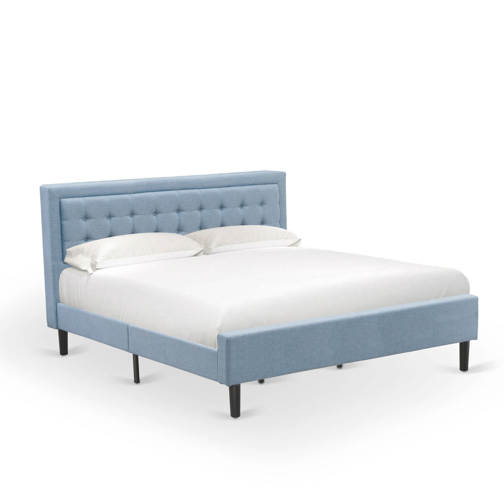 FN11K-2VL0C 3-Piece Platform Bed Set with 1 Modern Bed and 2 Bedroom Nightstands - Reliable and Sturdy Manufacturing - Denim Blue Linen Fabric