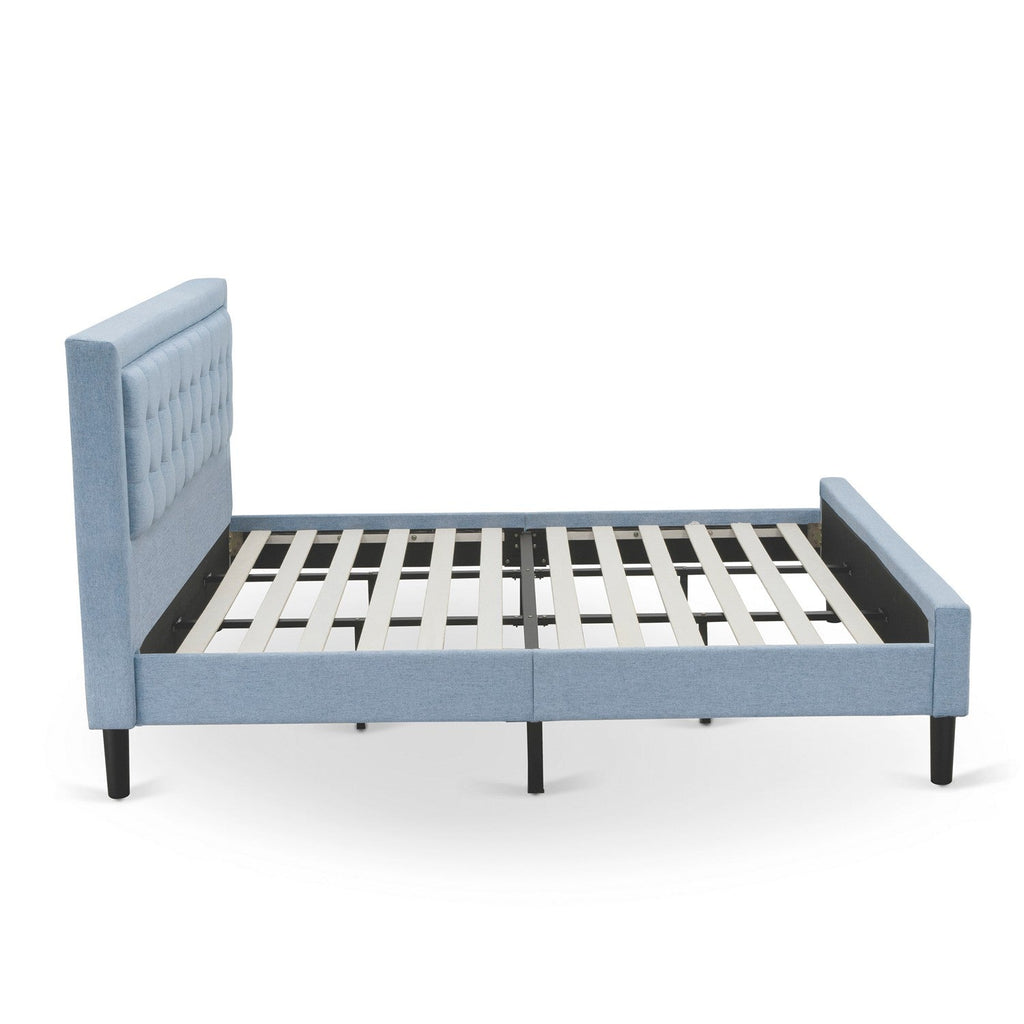 FN11K-1GA0C 2-Piece Fannin Bed Set with 1 King Frame and a Wire Brushed Butter Cream Mid Century Modern Nightstand - Reliable and Sturdy Construction - Denim Blue Linen Fabric Bed