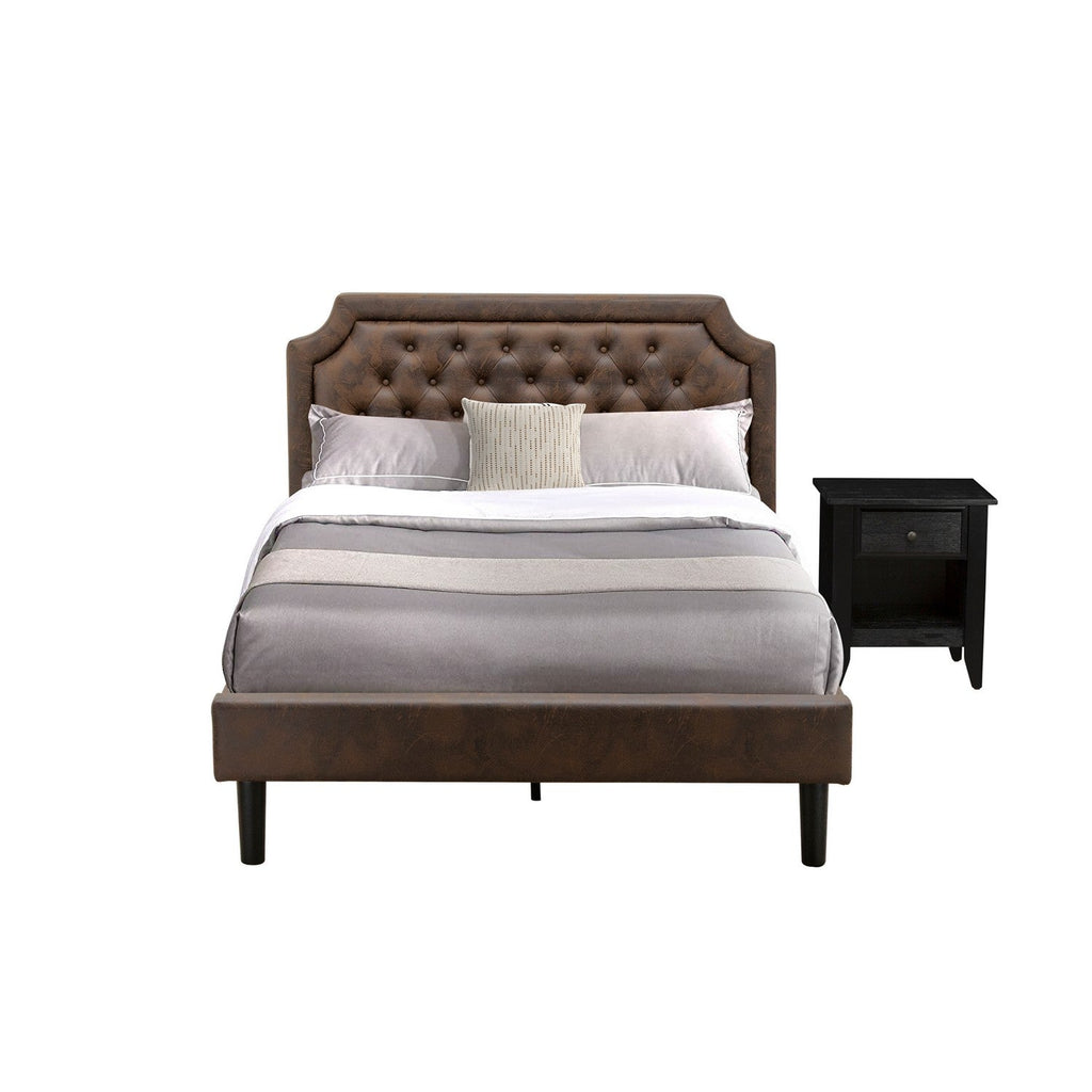 East West Furniture GB25F-1GA06 2-Piece Platform Bed Set with Button Tufted Full Bed and a Wire Brushed Black Night Stands - Dark Brown Faux Leather with Black Texture and Black Legs