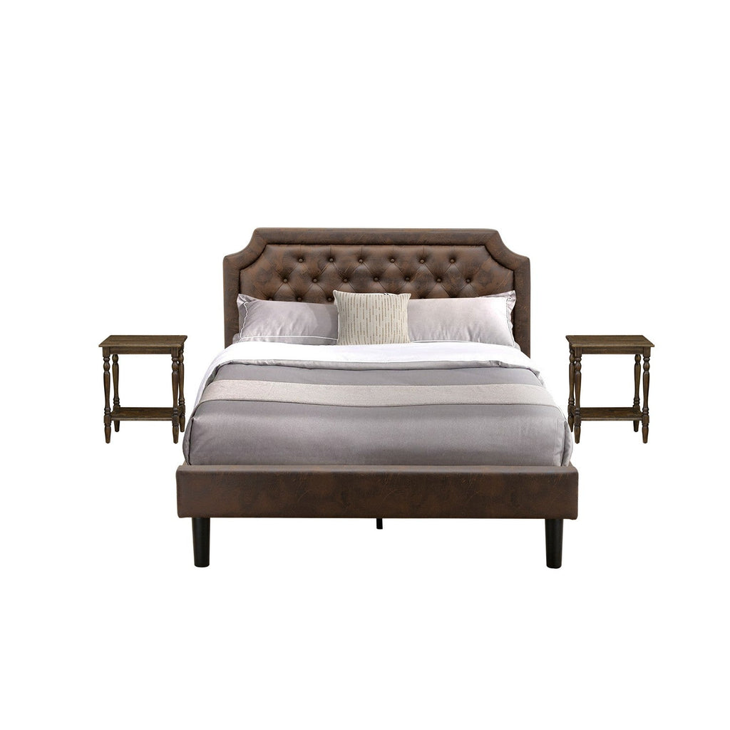 East West Furniture GB25Q-2BF07 3-Pc Granbury Queen Bed Set with Button Tufted Queen Size Frame and 2 Distressed Jacobean Modern Nightstands - Dark Brown Faux Leather with Black Texture and Black Legs