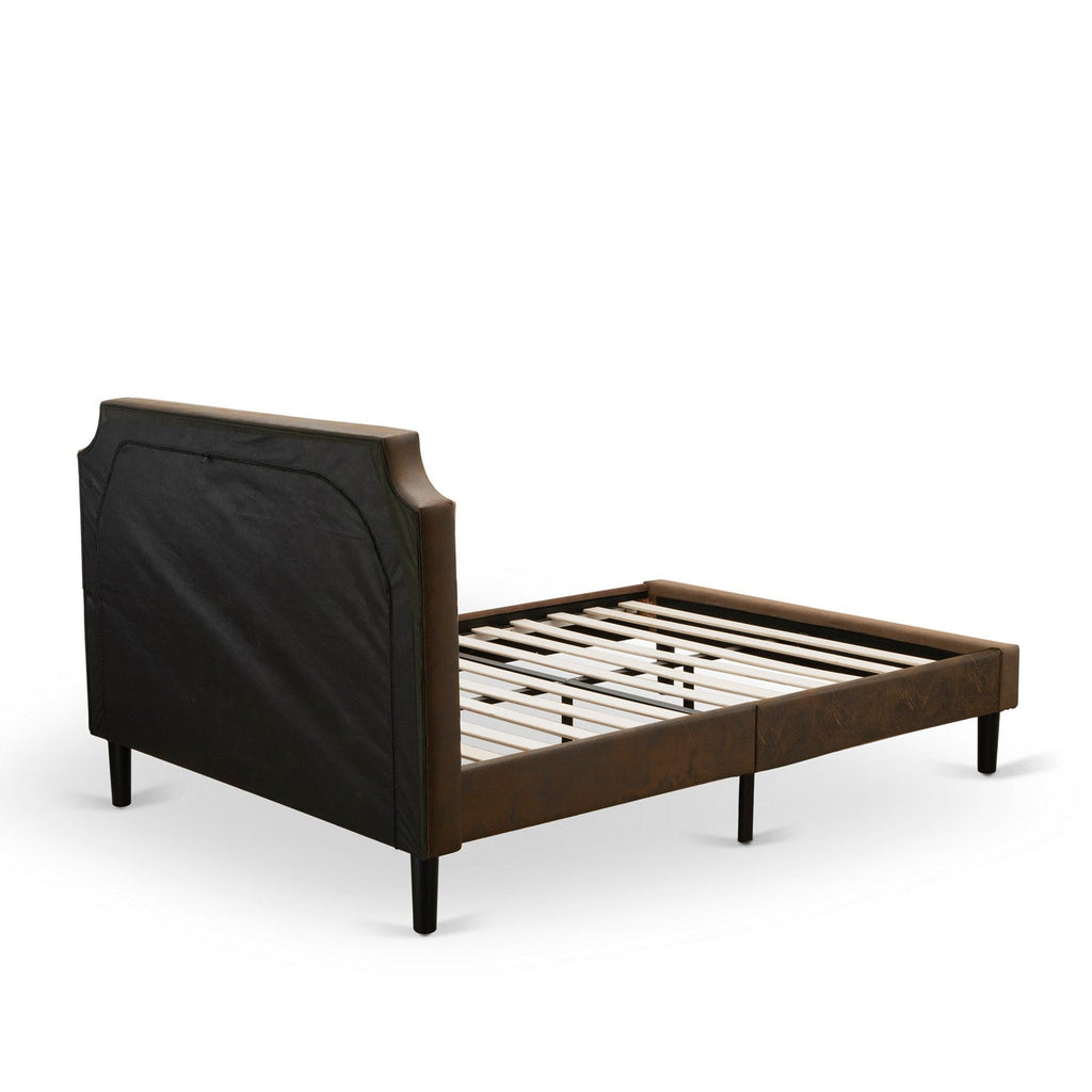 East West Furniture GB25Q-2DE07 3-Piece Granbury Bed Set with Button Tufted Wood Bed Frame and 2 Distressed Jacobean Night Stands - Dark Brown Faux Leather with Black Texture and Black Legs