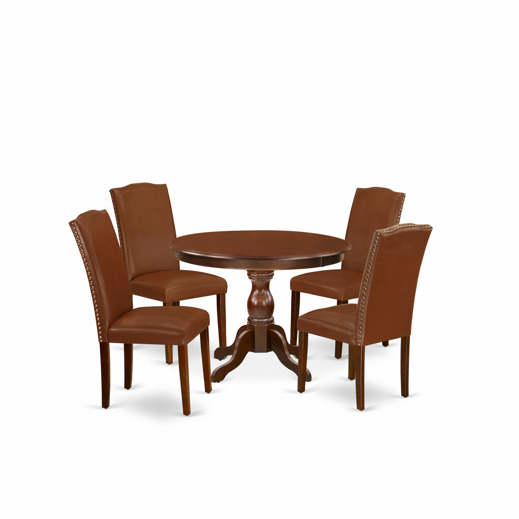 East West Furniture HBEN5-MAH-66 5 Piece Dinette Set Includes a Round Dining Room Table with Pedestal and 4 Brown Faux Faux Leather Upholstered Parson Chairs, 42x42 Inch, Mahogany