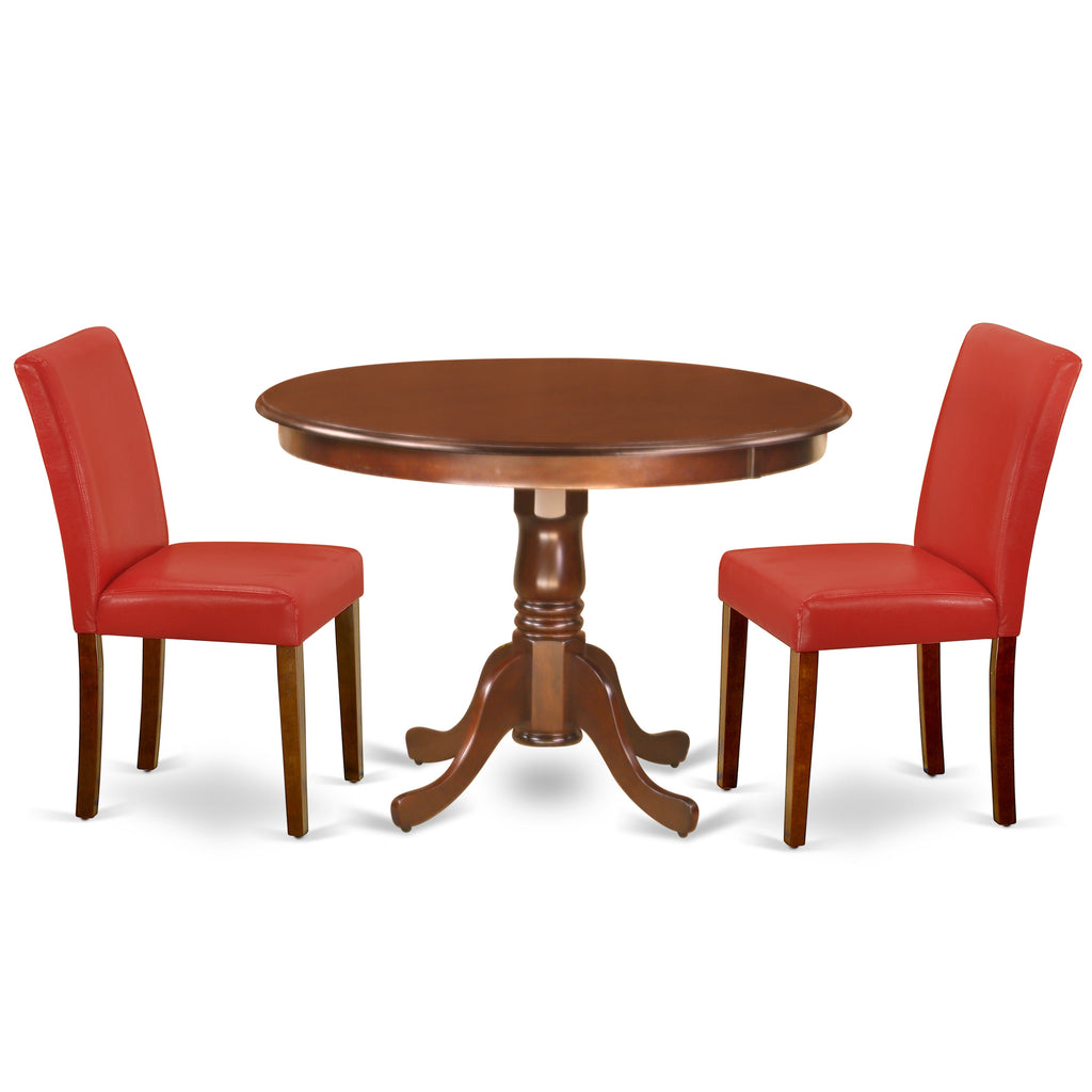 East West Furniture HLAB3-MAH-72 3 Piece Dining Room Table Set  Contains a Round Kitchen Table with Pedestal and 2 Firebrick Red Faux Leather Parsons Dining Chairs, 42x42 Inch, Mahogany