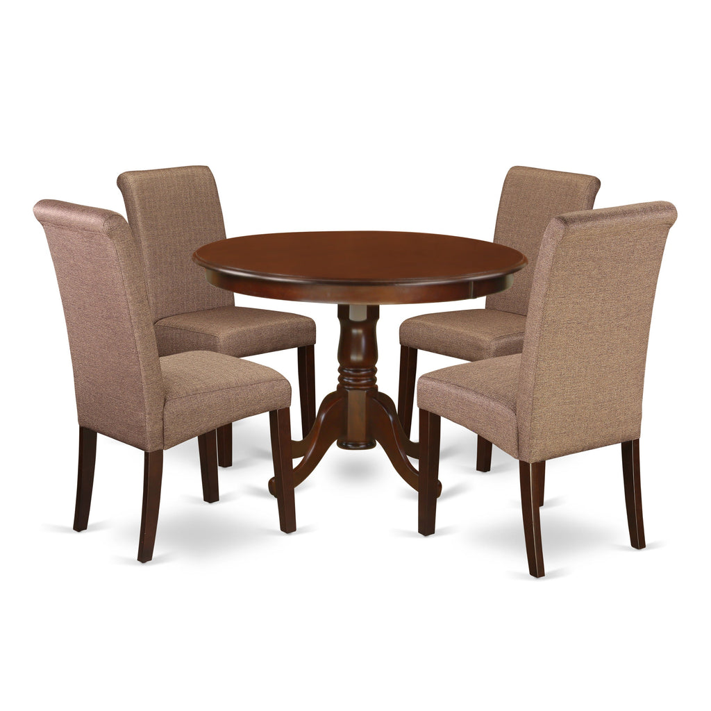 East West Furniture HLBA5-MAH-18 5 Piece Dining Table Set for 4 Includes a Round Kitchen Table with Pedestal and 4 Brown Linen Linen Fabric Parson Dining Chairs, 42x42 Inch, Mahogany