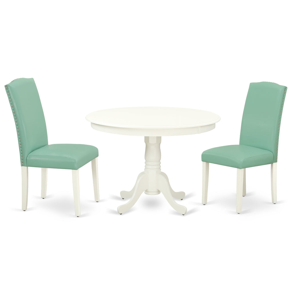 East West Furniture HLEN3-LWH-57 3 Piece Dining Room Table Set  Contains a Round Kitchen Table with Pedestal and 2 Pond Faux Leather Parson Dining Chairs, 42x42 Inch, Linen White