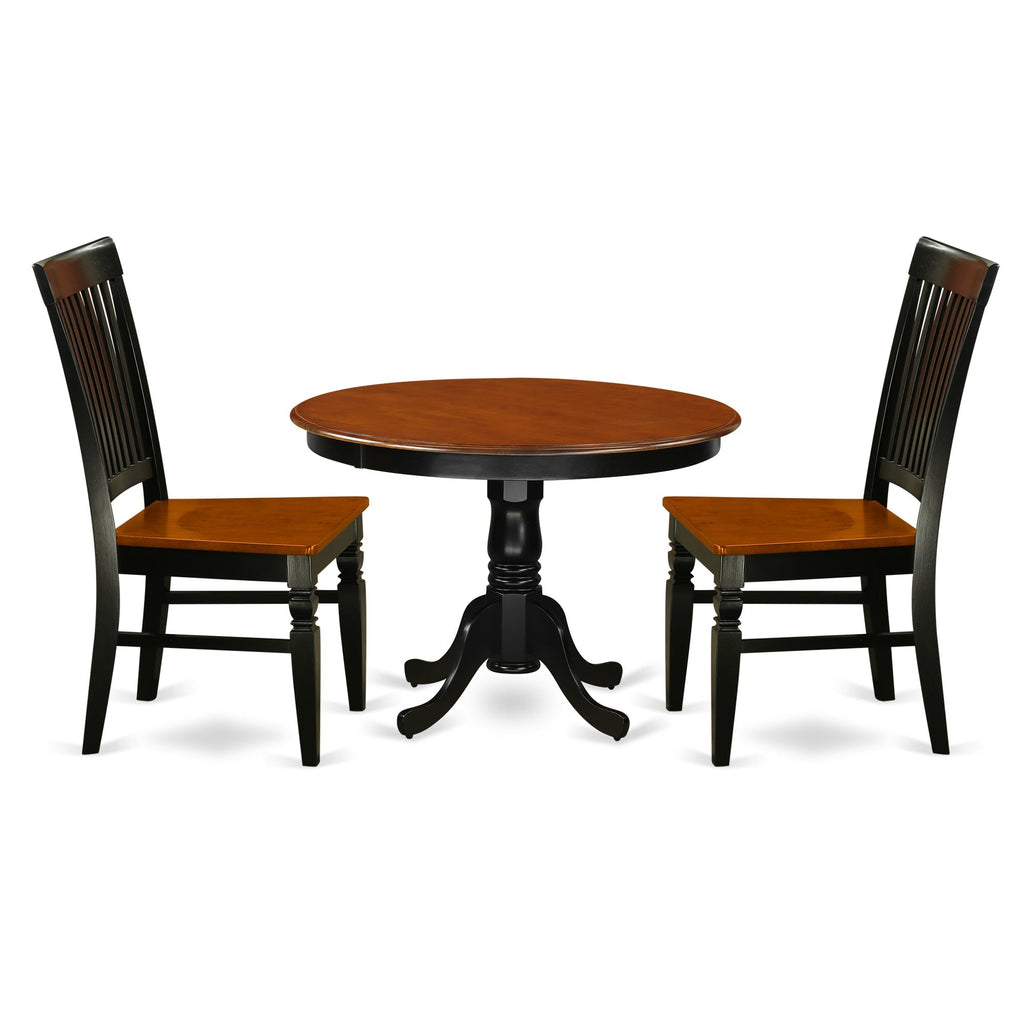 East West Furniture HLWE3-BCH-W 3 Piece Dining Room Table Set  Contains a Round Kitchen Table with Pedestal and 2 Dining Chairs, 42x42 Inch, Black & Cherry